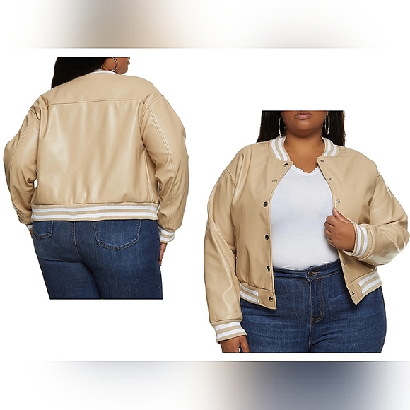 ☆Faux Leather Khaki Varsity Bomber Jacket☆ - Picture 2 of 2